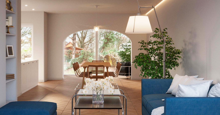 Geöffneter Wohnraum von Haus K26 mit Blick in den Garten