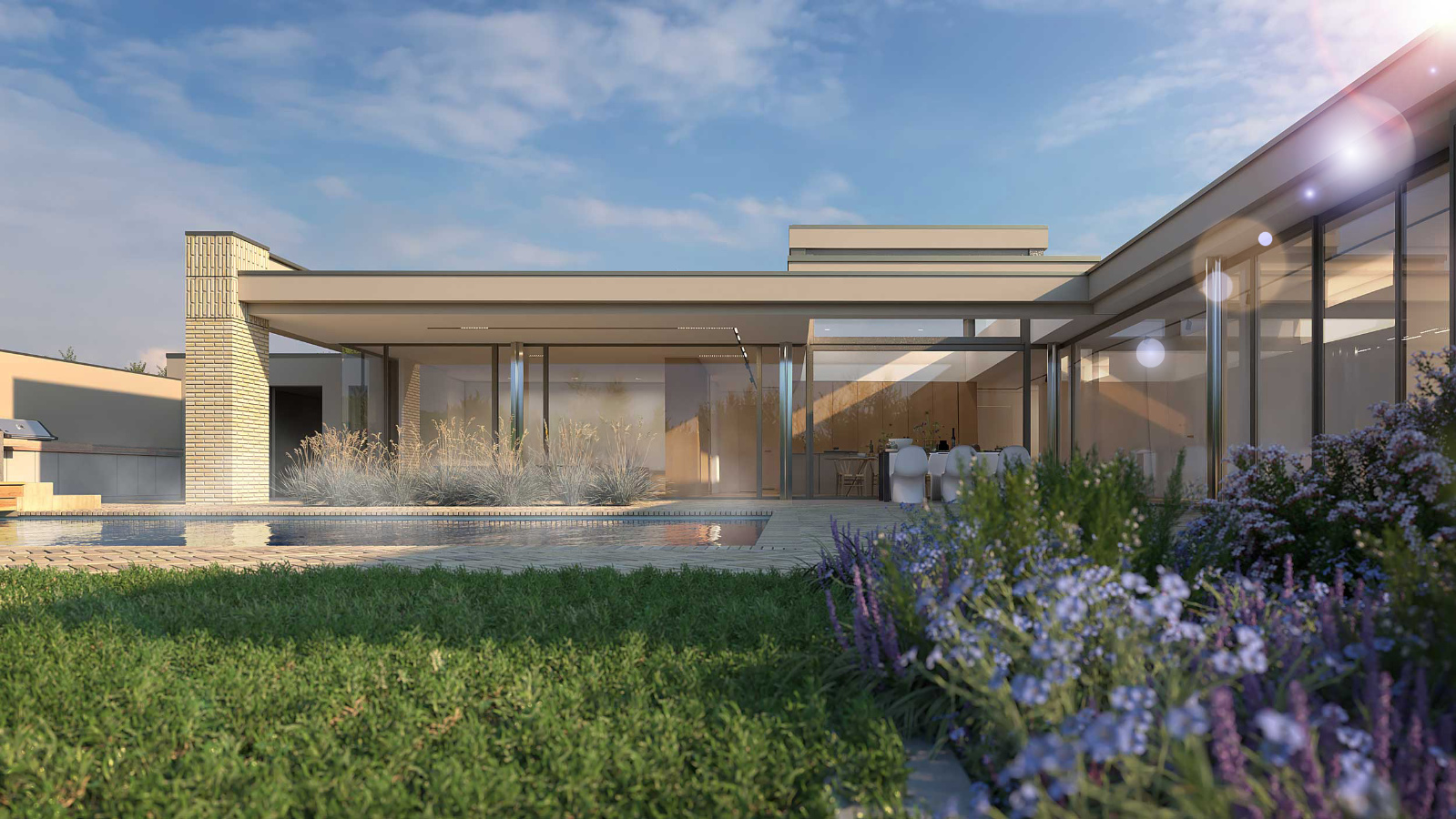 Visualisierung von Haus U7a mit Garten, Pool und großzügiger Verglasung