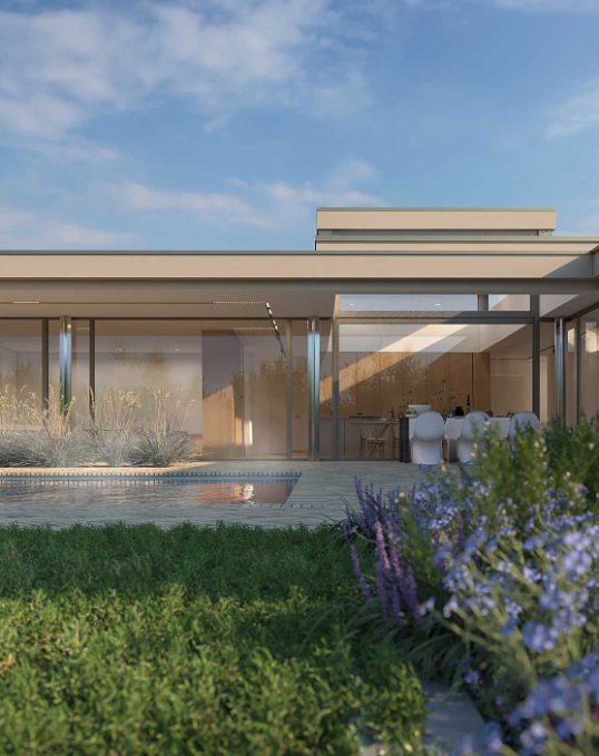 Gartenansicht von Haus U7a mit Pool und großzügiger Verglasung